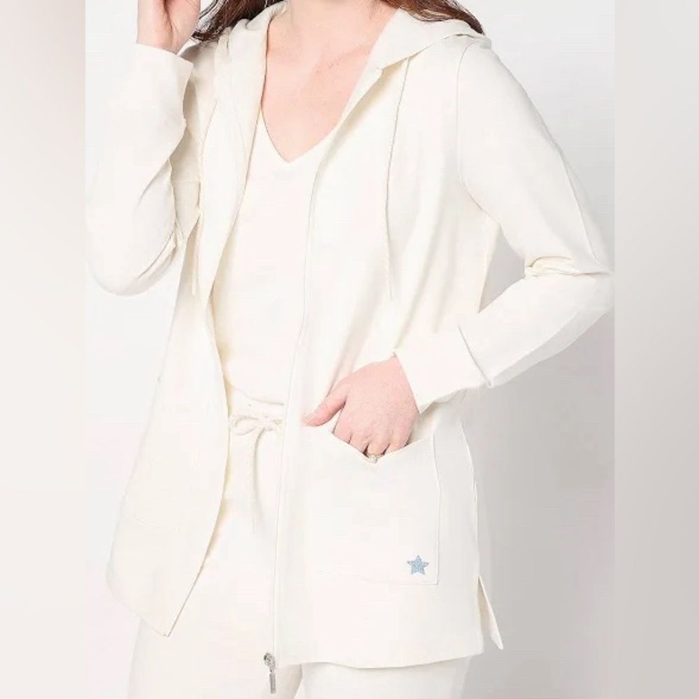 New Denim & Co. French Terry Zip-Up Tunic w/ Star Detail Natural size Small